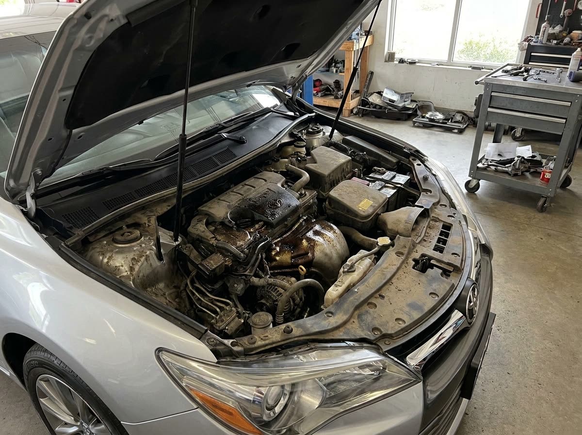 Dirty engine bay before service