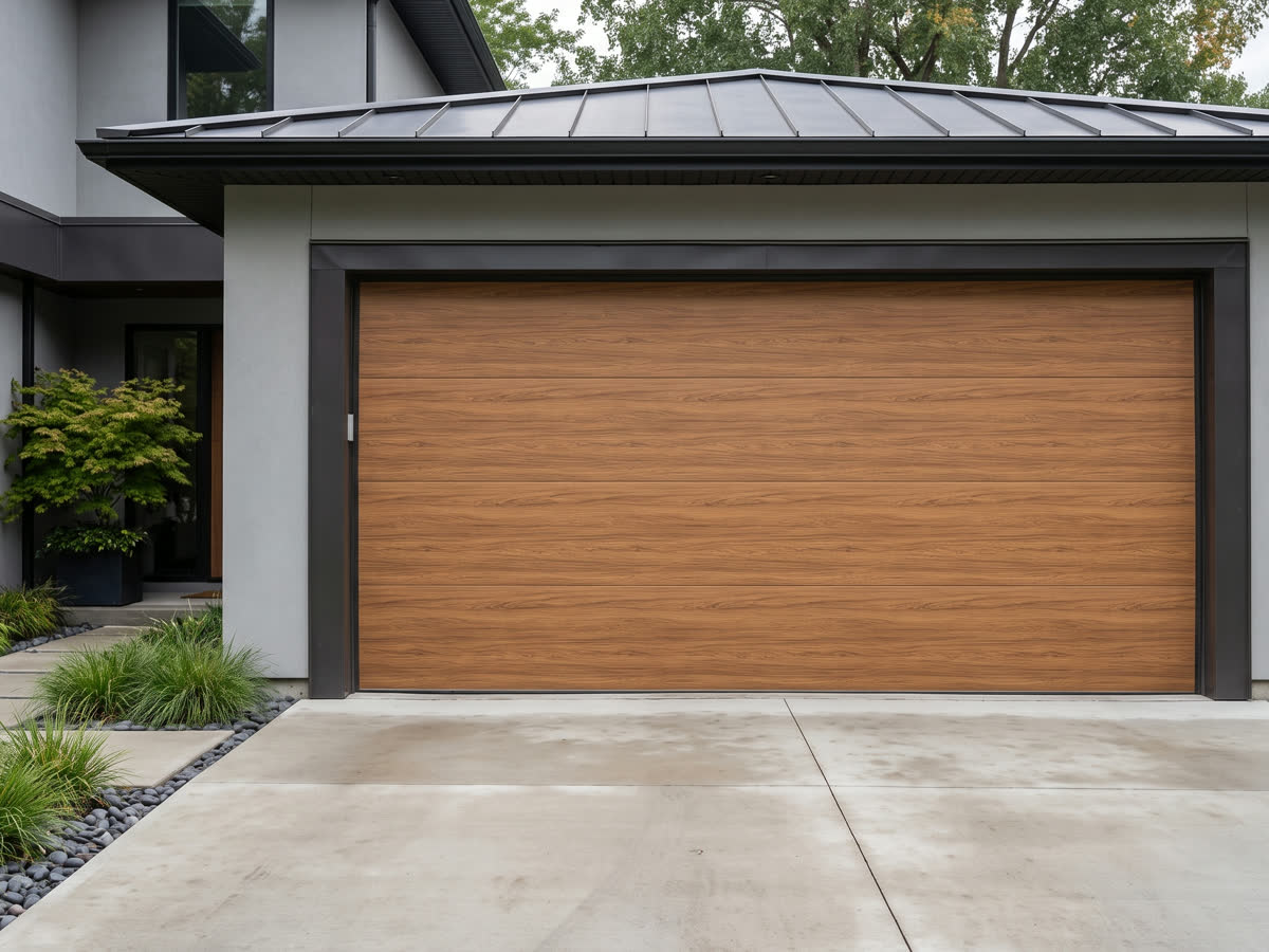 Flush modern wood-look garage door