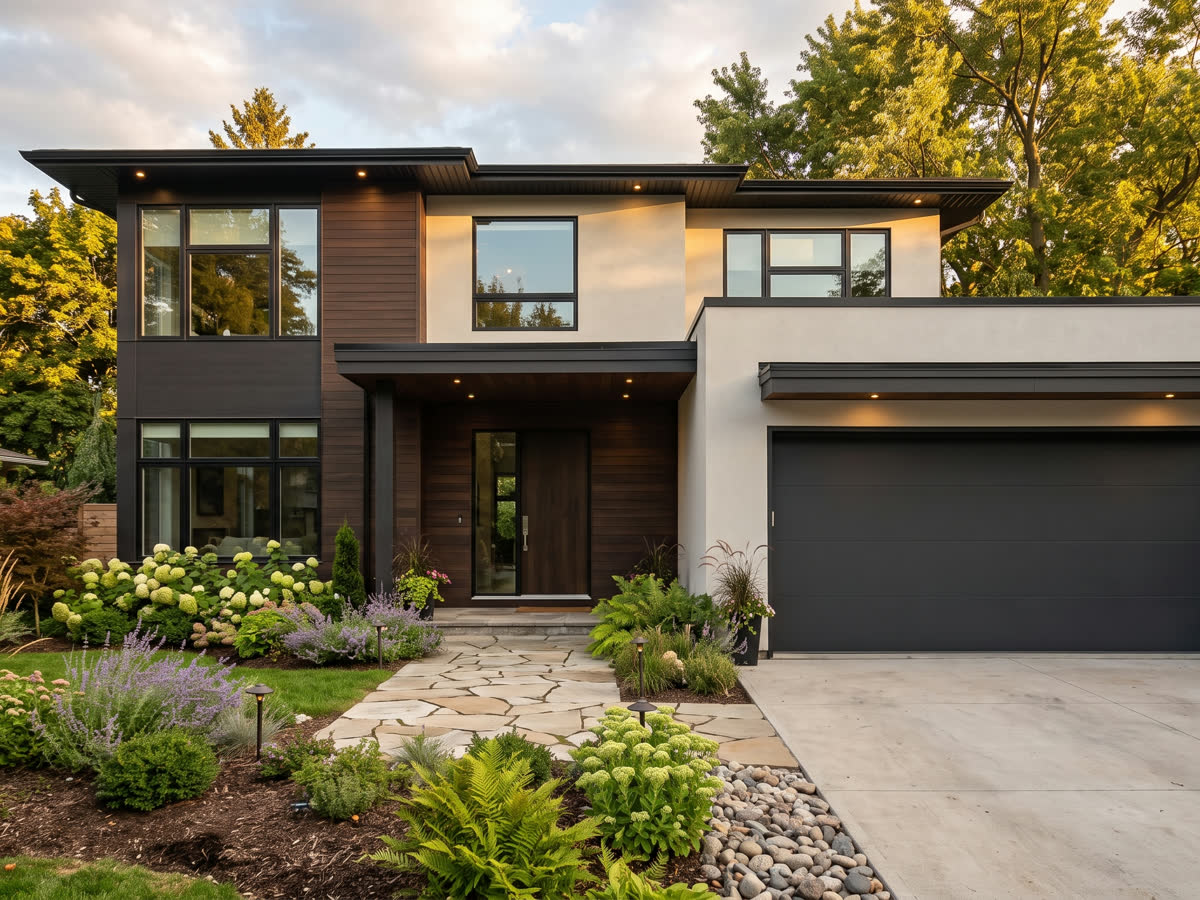 Modern two-storey home with new garage door