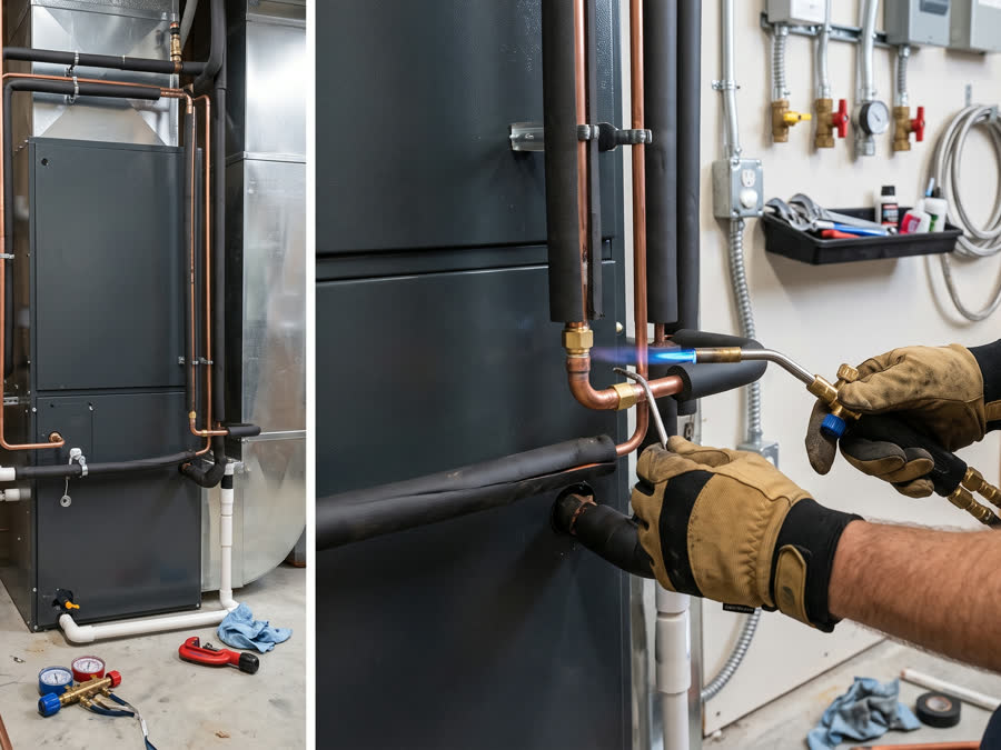 A new furnace stood in place with manifold gauges on the floor