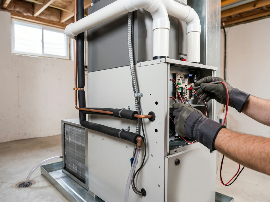 A heat pump with the panel off and meter leads on the control board