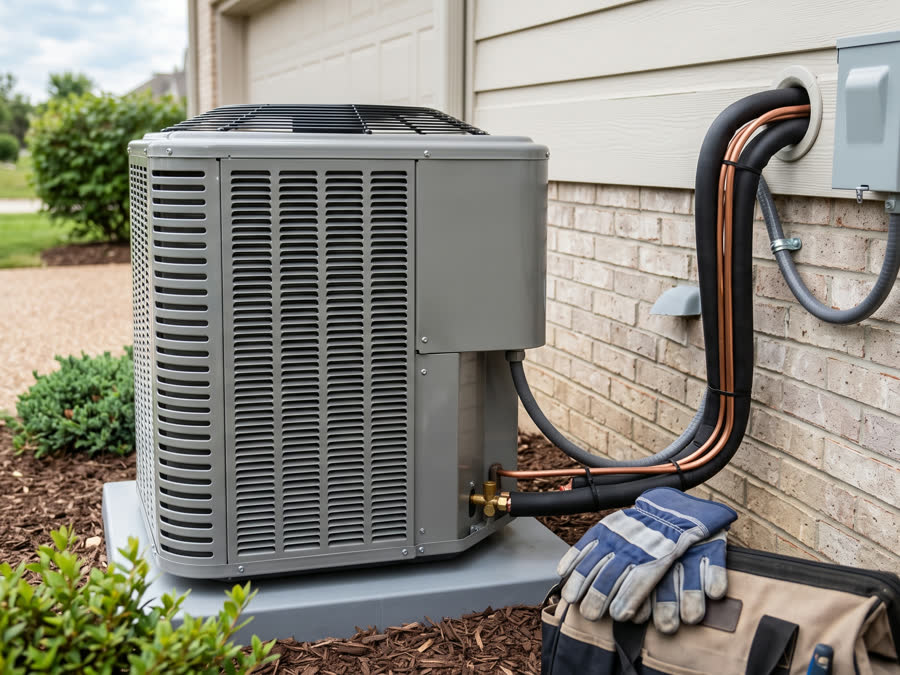 A new condenser on a pad against brick with a fresh copper line set