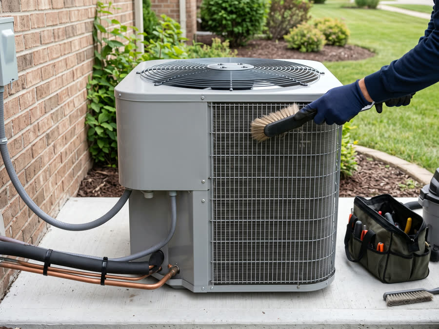 Brushing the coil fins on an outdoor condenser