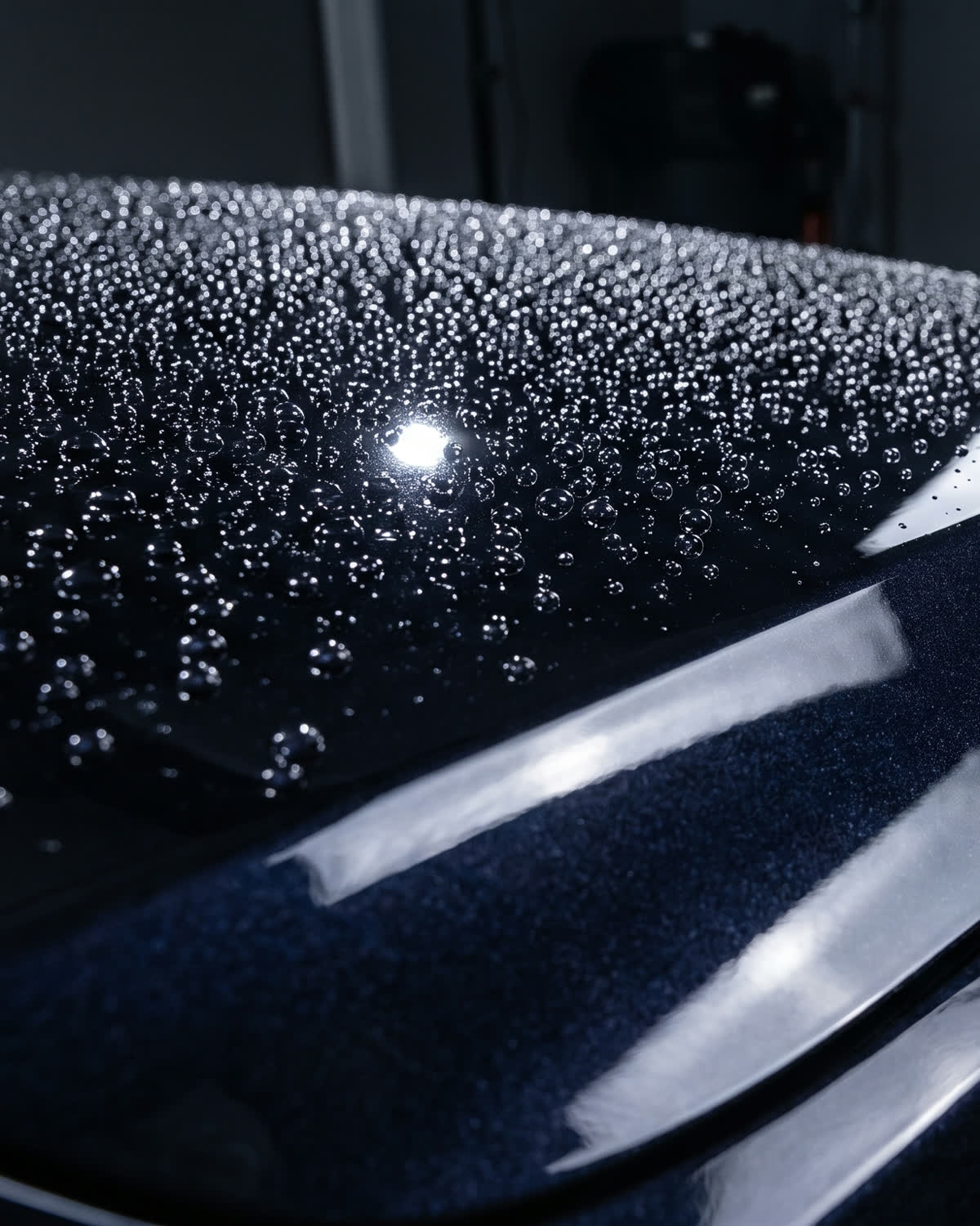 Water beading into tight spheres on a freshly ceramic-coated panel