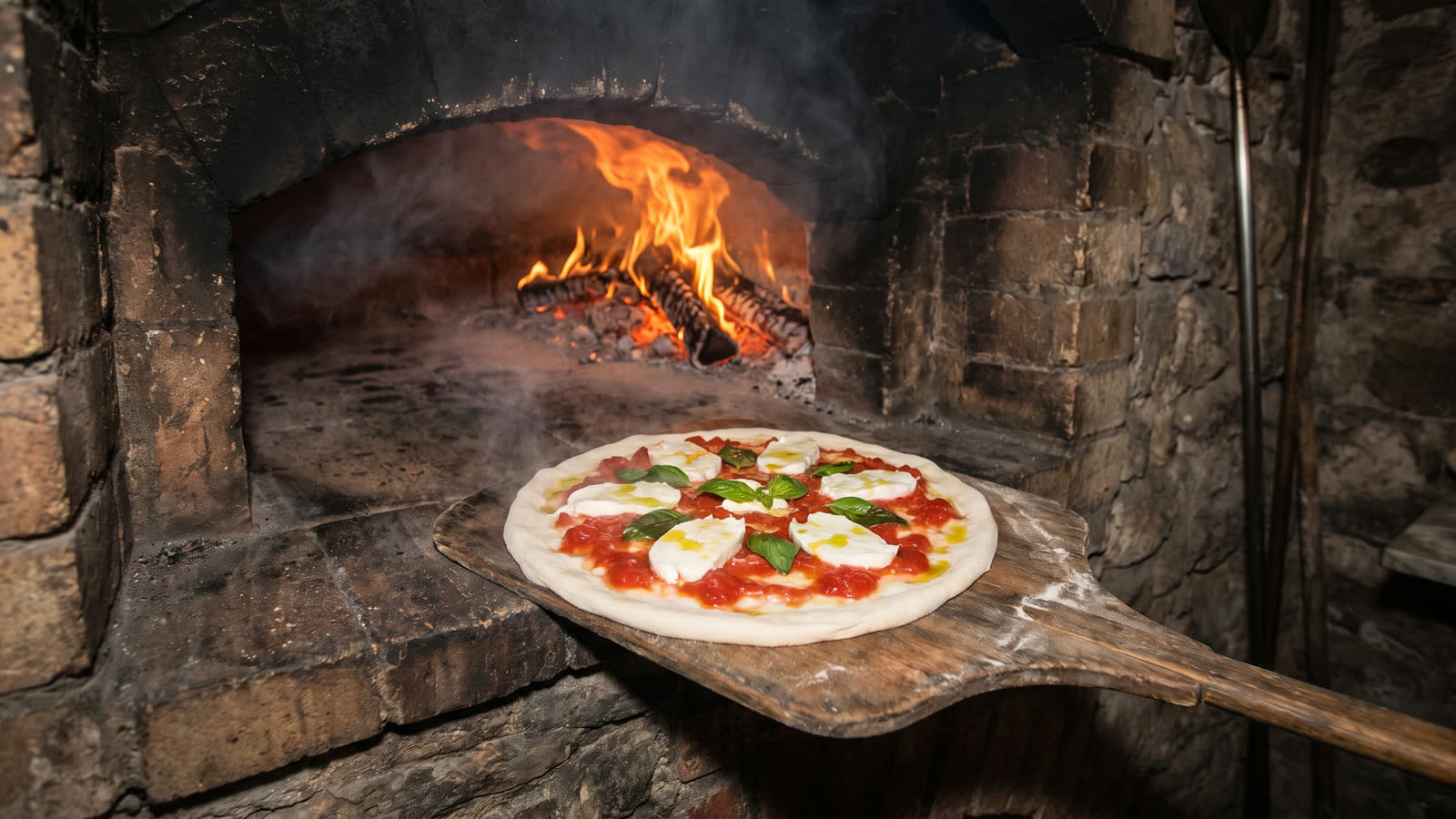 A pizza going into the wood-fired oven
