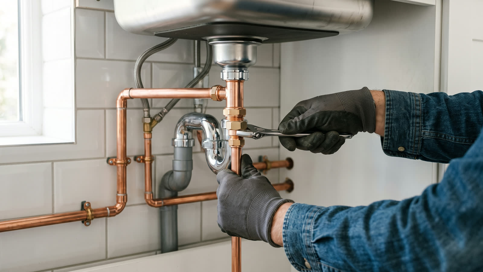 Gloved hands tightening a polished copper pipe joint beneath a kitchen sink
