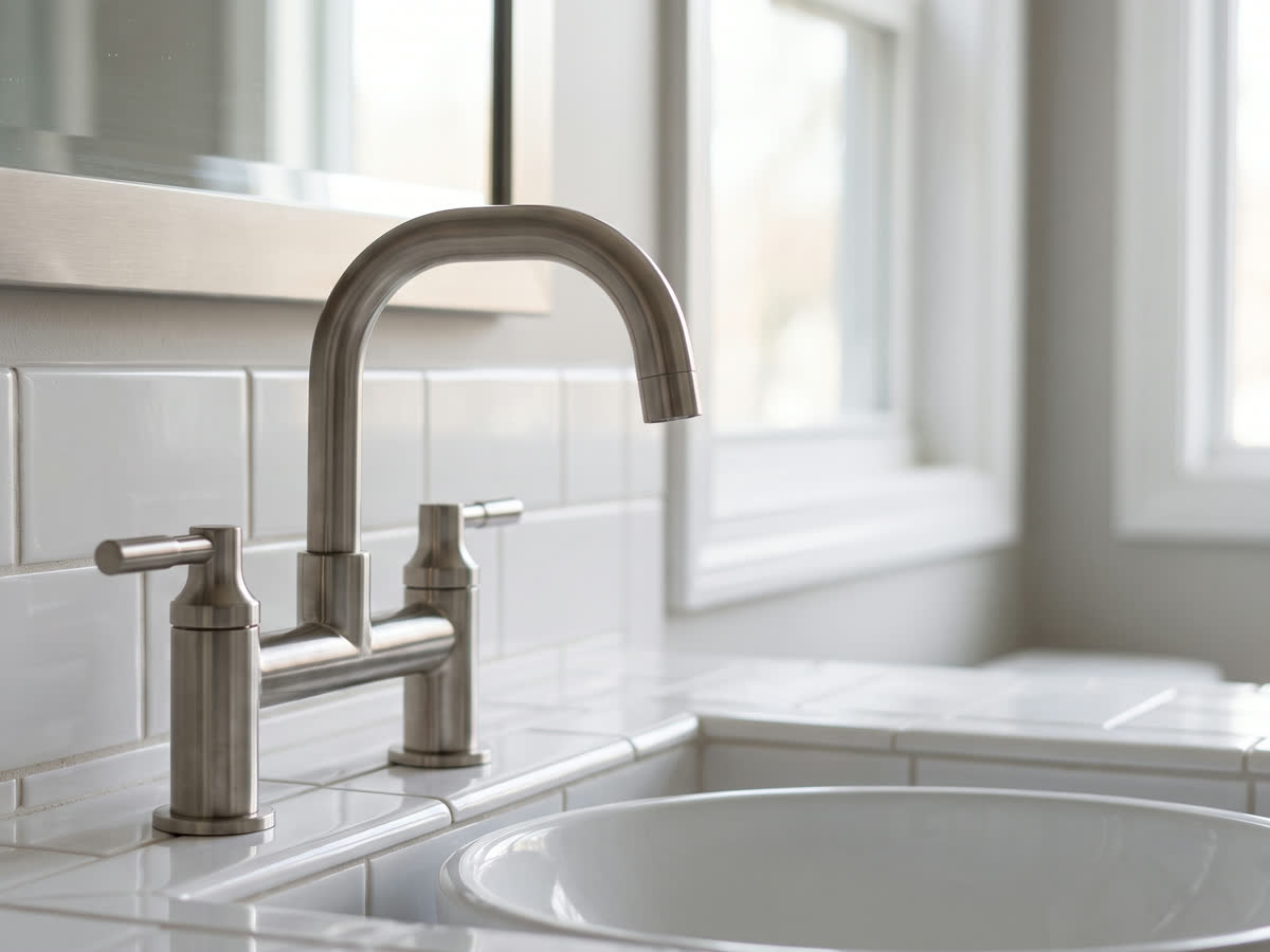 New bridge faucet and tiled vanity