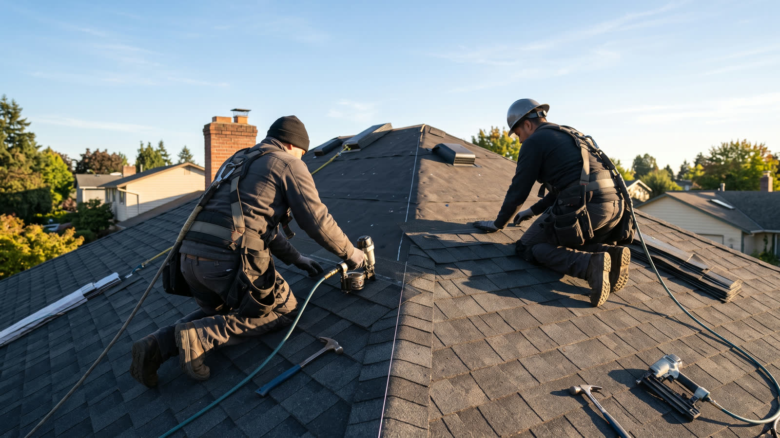 Two roofers laying dark architectural shingles in clean courses on a steep residential roof