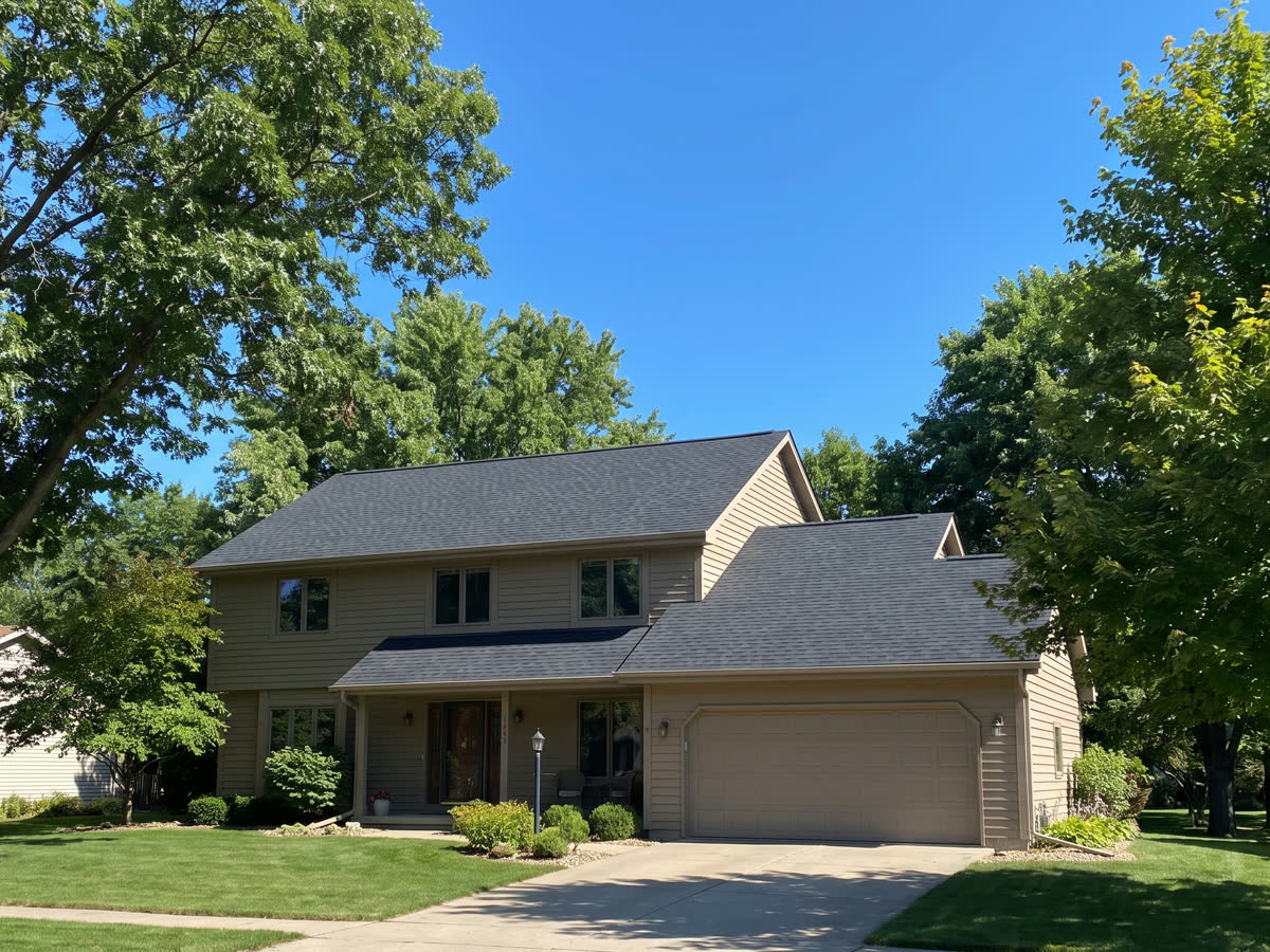 Home with new dark roof and trees