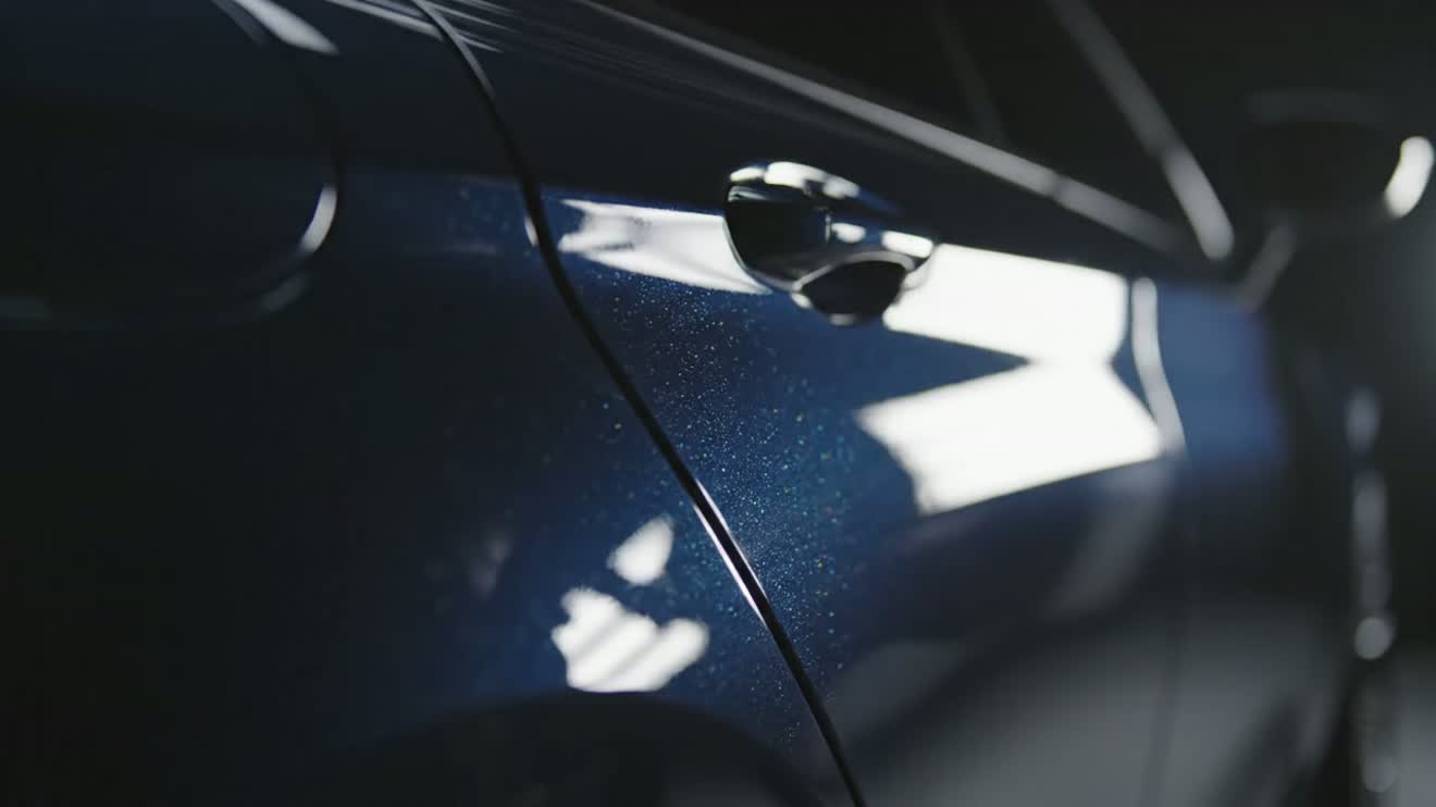 A softbox reflection travelling across the mirror-gloss surface of a freshly ceramic-coated navy panel